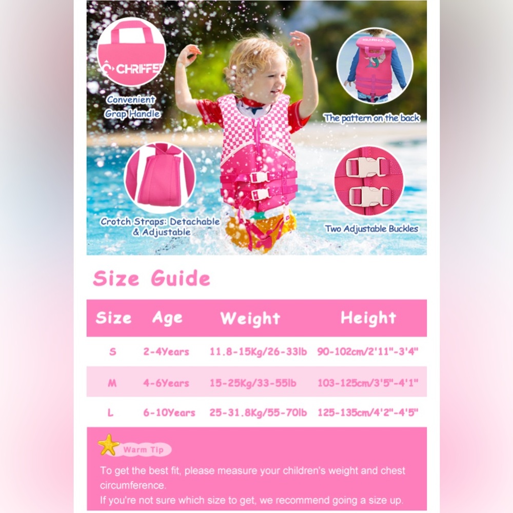 NWT Toddler white and pink Swim Vest Life jacket Adjustable Size guide in photos - Picture 13 of 13